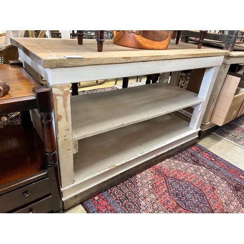 82 - A Victorian painted three tier kitchen serving table, length 140cm, depth 59cm, height 88cm