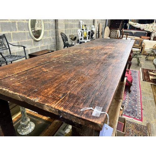 83 - A Victorian stained pine rectangular kitchen table, length 208cm, depth 60cm, height 75cm