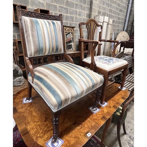 91 - A George III Provincial elm elbow chair, a Victorian nursing chair, and a dining chair