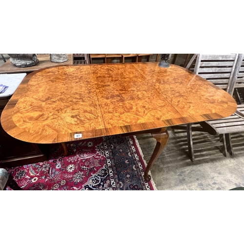 92 - A Queen Anne Walnut revival burr walnut pad foot drop leaf dining table, extended 144cm width 99cm h... 