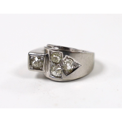 972 - A continental 750 white metal and four stone diamond set dress ring, size H, gross weight 6.1 grams.... 