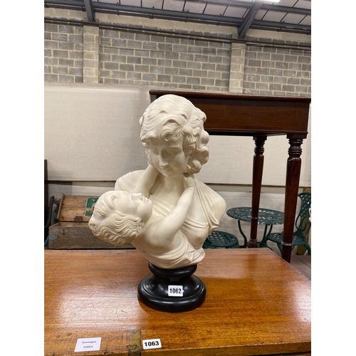 1025 - A white simulated marble bust of a mother and child, height 45cm