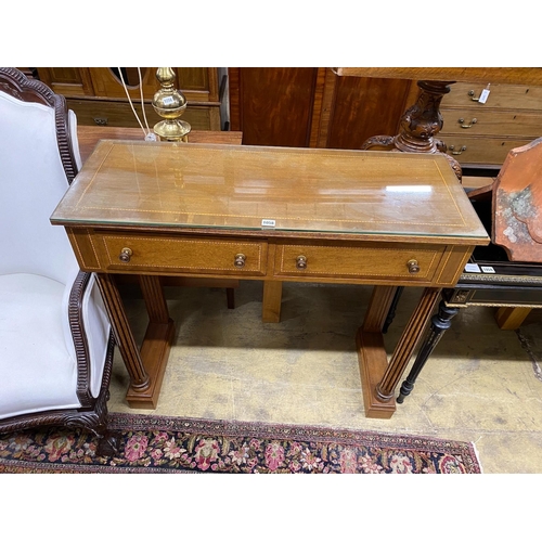 1029 - A reproduction banded mahogany two drawer console table, width 102cm, depth 38cm, height 92cm