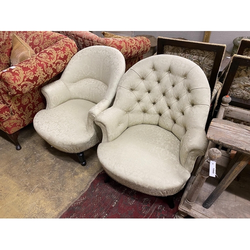 1042 - Two late Victorian ebonised tub framed chairs with natural fabric loose covers