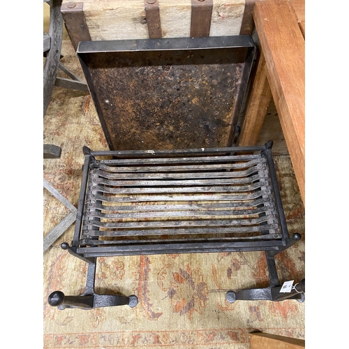 1050 - A wrought iron fire basket with dogs and ash pan, basket width 65cm, depth 35cm