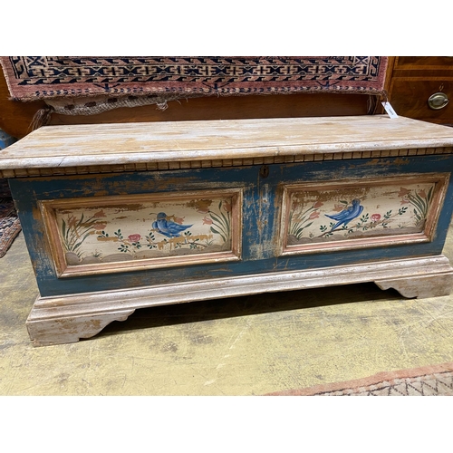 1054 - A rectangular Swiss style painted coffer, length 120cm, depth 42cm, height 48cm