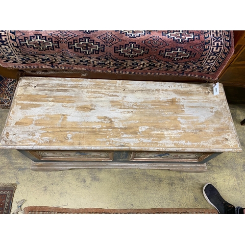 1054 - A rectangular Swiss style painted coffer, length 120cm, depth 42cm, height 48cm