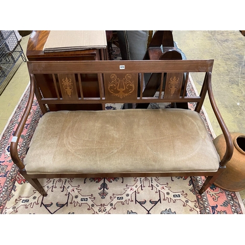 1065 - An early 20th century Danish marquetry inlaid mahogany settee, width 125cm, depth 50cm, height 84cm... 