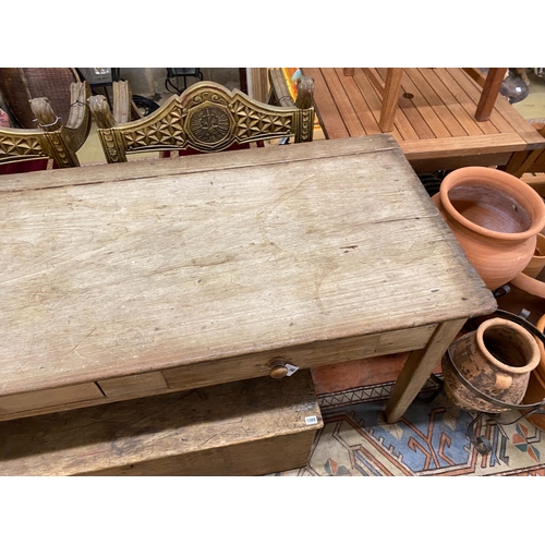 1068 - A Victorian two drawer pine kitchen serving table, length 180cm, depth 77cm, height 80cm