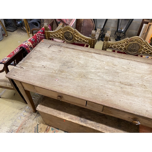 1068 - A Victorian two drawer pine kitchen serving table, length 180cm, depth 77cm, height 80cm