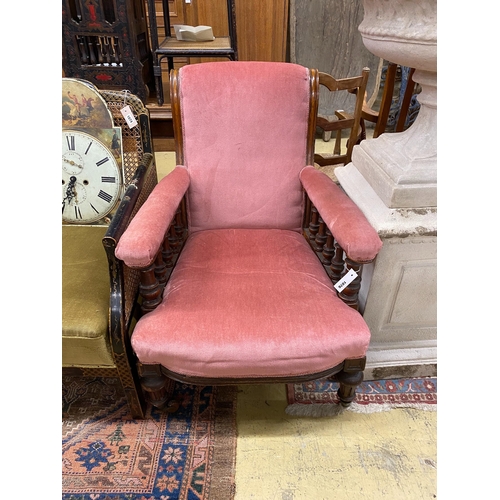 1076 - A late Victorian upholstered walnut open armchair, width 68cm, depth 84cm, height 90cm