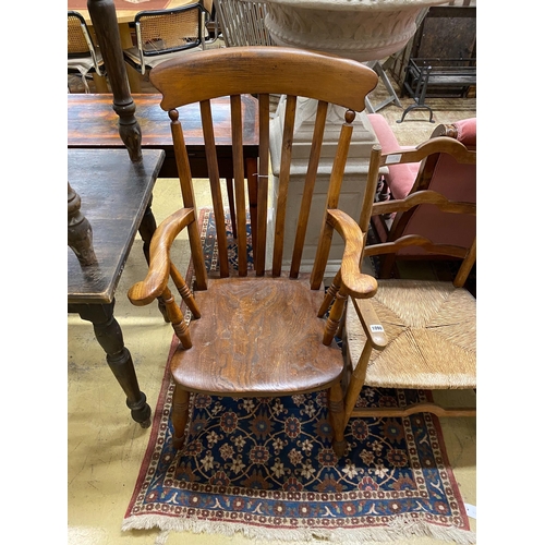 1097 - A Victorian elm and beech Windsor lathe back armchair, width 59cm, depth 49cm, height 108cm