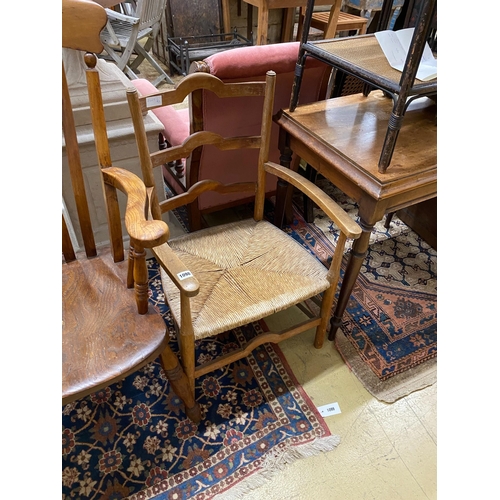 1098 - A Victorian mahogany side table, stained hardwood stick stand, bamboo and wicker work table and a ru... 