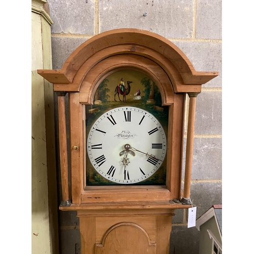 1133 - A Victorian pine 30 hour longcase clock marked Philp, Okehampton, height 195cm