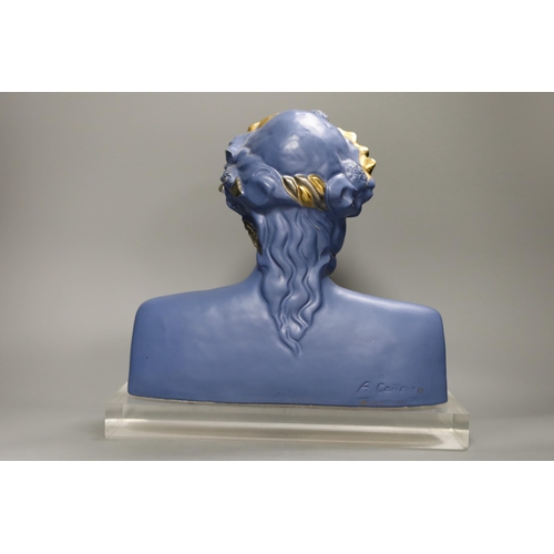 1254 - A limited edition blue glazed ceramic bust, signed A.Carreno, 197/500, 29cm tall