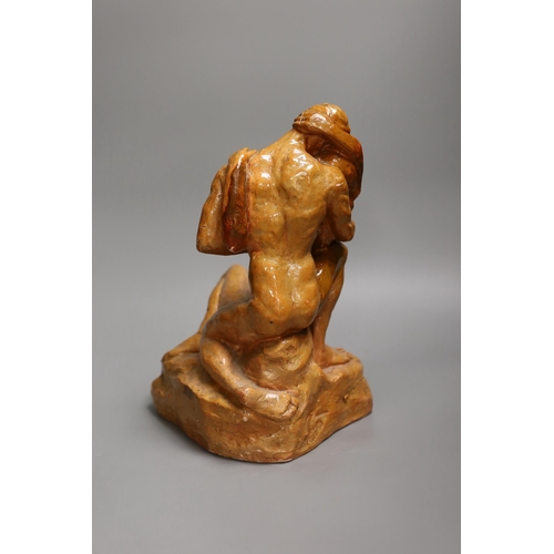 1259 - A Klement Lorenc (1911-1983) glazed terracotta group of embracing lovers, signed, 30cm tall