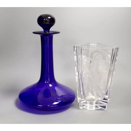 1272 - A Czech Bohemian frosted glass vase and a Bristol blue decanter, decanter 30cms high