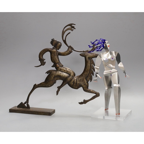 1273 - A stylised bronze figure and a metal figure of a dancer, tallest 31cm