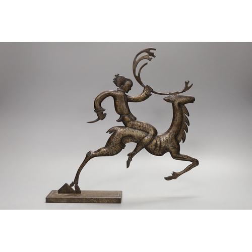 1273 - A stylised bronze figure and a metal figure of a dancer, tallest 31cm