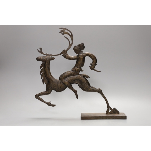 1273 - A stylised bronze figure and a metal figure of a dancer, tallest 31cm