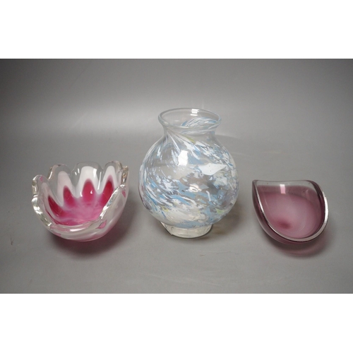 1274 - A Muller Freres studio glass vase and two Flygfoys (glass dishes) (3), tallest 13cm