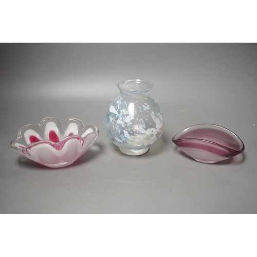 1274 - A Muller Freres studio glass vase and two Flygfoys (glass dishes) (3), tallest 13cm