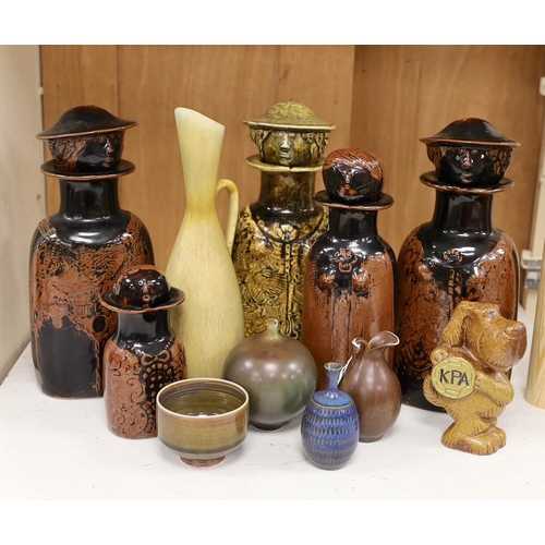 1276 - Five Gustavsberg Stig Lindberg figural bottles, together with other Scandinavian pottery sundries, t... 