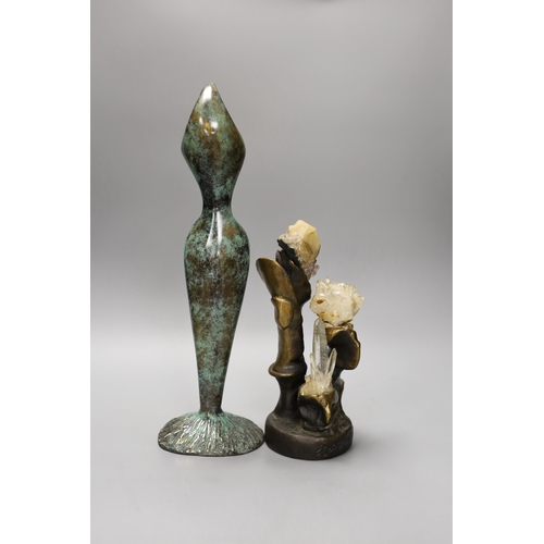 1305 - A Stanislaw Wysocki stylised bronze figure and a Rostrup bronze and quartz group (a.f), 39cm