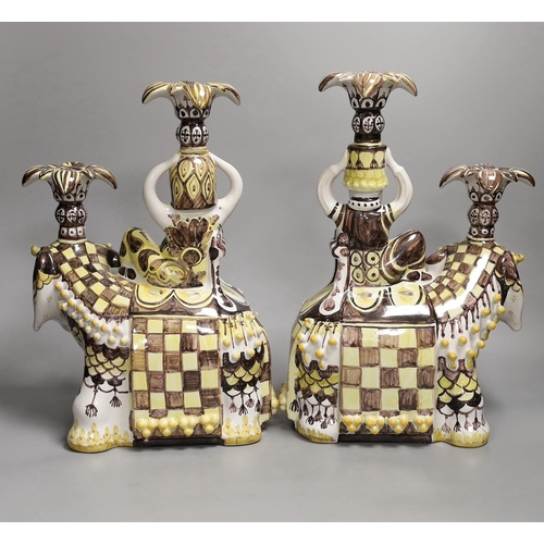 1313 - Bjørn Wiinblad for Gustavsberg, a pair of elephant and riders candelabra, marked to base, 34cm tall... 