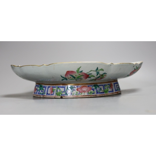 1326 - A Chinese Canton oval footed dish, 36cm wide, and a Japanese box with floral decoration and intertwi... 