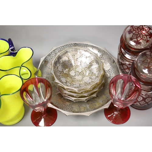 1355 - A pair of ruby overlaid goblets, three ruby and glass pickle jars and other sundry glassware