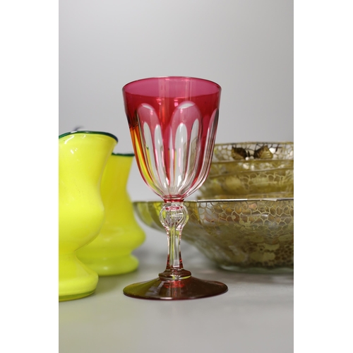 1355 - A pair of ruby overlaid goblets, three ruby and glass pickle jars and other sundry glassware