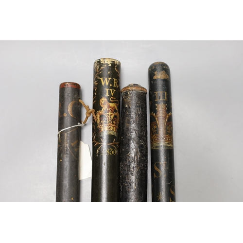 1382 - An early 19th century cudgel truncheon a George IV painted crown and honour truncheon, a George ... 