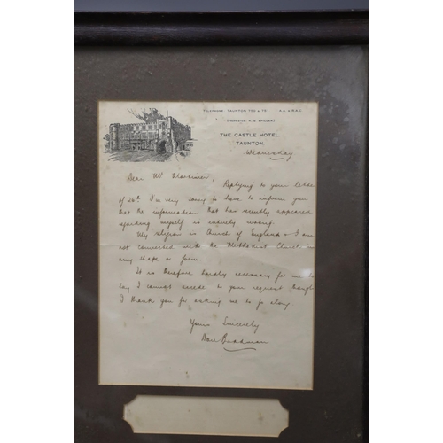 1384 - A signed letter written by Sir Don Bradman regarding his religion, framed