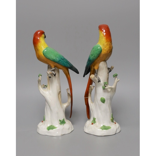 1392 - A pair of Continental porcelain perching parrots, 25cm tall