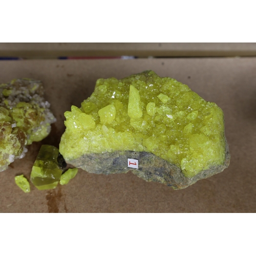 1415 - Three sulphur crystals, largest 13cm x 23cm