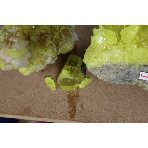 1415 - Three sulphur crystals, largest 13cm x 23cm