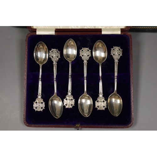 1440 - Rifle trophies: a cased set of twelve spoons, two cased sets of silver spoons and a cased set of six... 