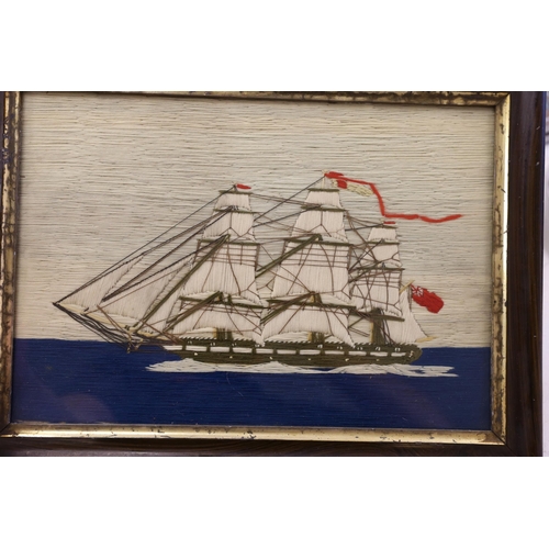 1448 - A pair of woolwork ship portraits, HMS Birmingham and Russian Warship Reresviet, a smaller woolwork ... 