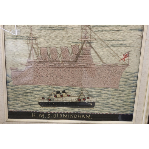 1448 - A pair of woolwork ship portraits, HMS Birmingham and Russian Warship Reresviet, a smaller woolwork ... 