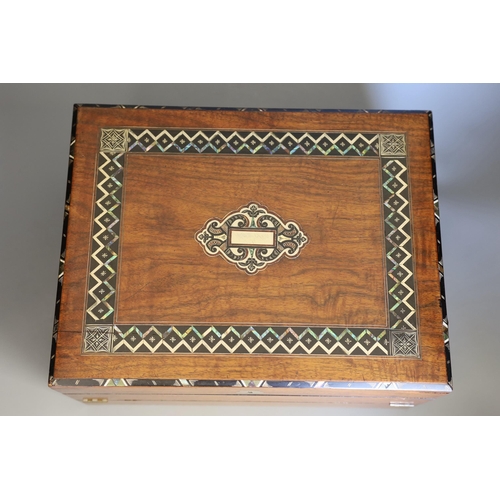 1450 - A 19 century mahogany and mother of pearl inlaid writing slope, 36cms wide x 18cms high