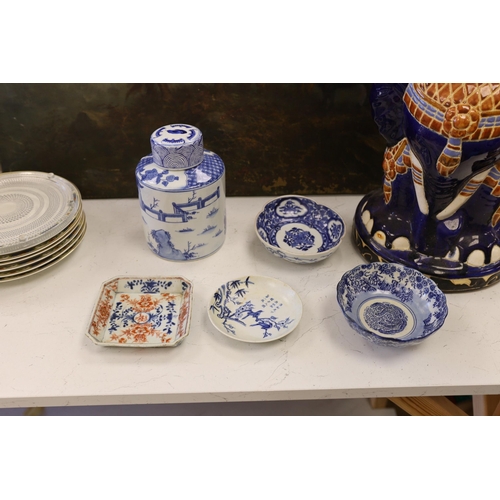 1465 - An 18th century Imari dish, a ginger jar and cover, assorted Chinese blue and white dishes and eleph... 