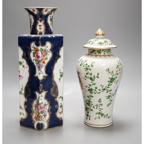 1466 - A Japanese polychrome enamelled porcelain vase and cover and a Samson scale blue hexagonal vase, in ... 