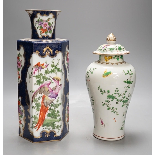 1466 - A Japanese polychrome enamelled porcelain vase and cover and a Samson scale blue hexagonal vase, in ... 