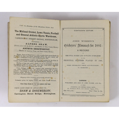 1474 - ° ° Wisden, John - Cricketers Almanack for 1881, 18th edition, original paper wrappers, tears to sp... 