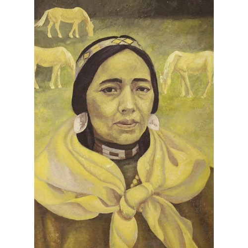 1603 - Mary Fairclough (1913-2000), oil on board, 'Woman with three horses', label verso, 56 x 41cm