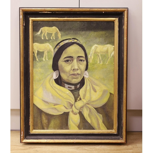 1603 - Mary Fairclough (1913-2000), oil on board, 'Woman with three horses', label verso, 56 x 41cm