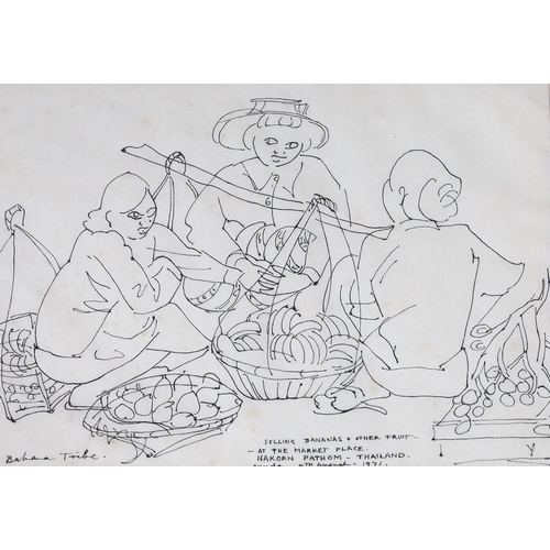 1607 - Barbara Tribe (1913-2000), pen and ink, 'At the market place', signed and dated 1972, 28 x 38cm... 