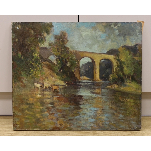 1608 - Manner of Bertram Nichols (1883-19740, oil on canvas, 'Kirkby Lonsdale', 51 x 61cm, unframed