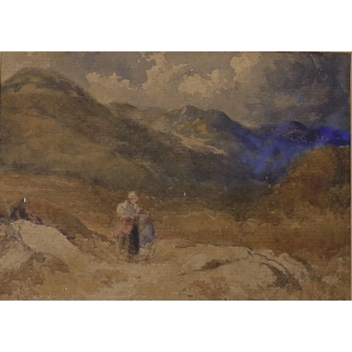 1610 - 19th century English School, watercolour, Traveller in the Highlands, indistinctly signed, 13 x 18cm... 